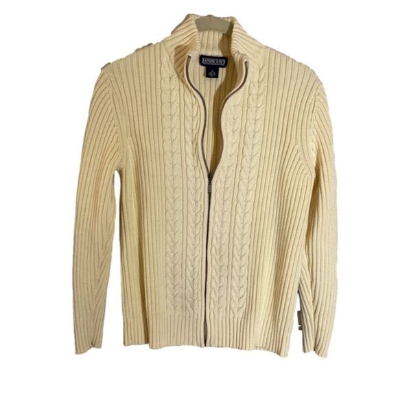Lands' End Zip Cardigan Ribbed Cable Knit Natural Medium - Picture 1 of 9